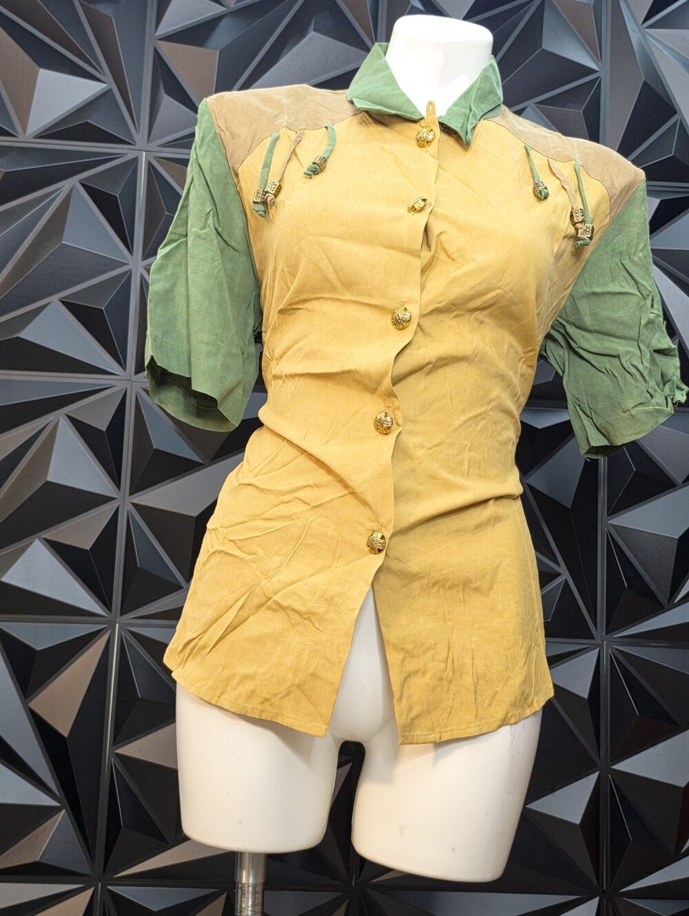 Two-Tone Green and Mustard Button-Down Women's Shirt